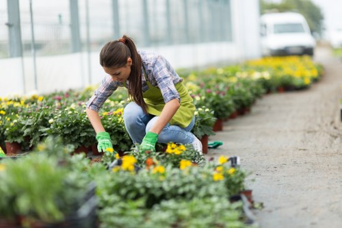 Gardener carrying out safe maintenance work with protective equipment