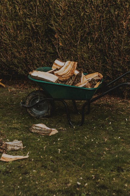 A green wheelbarrow filled with chopped firewood and logs placed on a grassy area in a garden, with some scattered pieces of wood on the ground nearby. The garden features a hedge with dense foliage i